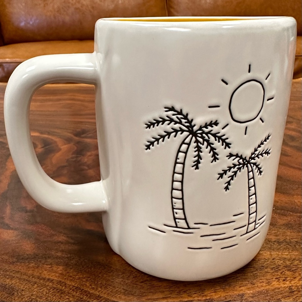 Rae Dunn - LA Coffee Mug - White Exterior & Yellow Interior - Palm Tree Design